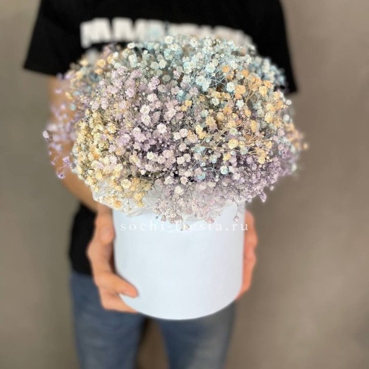 9 Радужных гипсофил в шляпной коробке в Новокузнецке