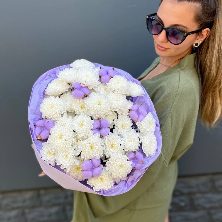  Букет  хризантем и хлопка в Новокузнецке