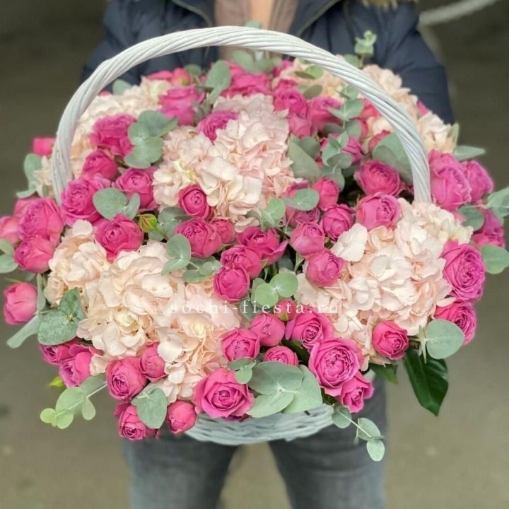Корзина с гортензией и Мисти Баблс в Новокузнецке